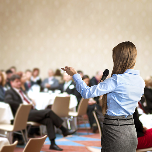 business woman is speaking on conference.
